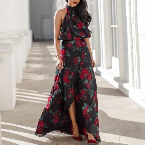 Lovers + Friends Golden Ray Red Roses Maxi Dress Size M - Picture 1 of 7